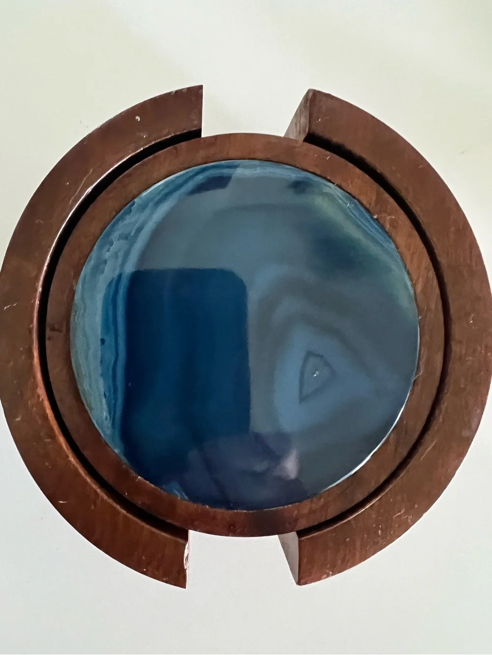 Vintage Brazilian Rosewood and blue agate slice coaster set of six with caddy.